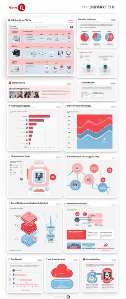 Help me generate an AI game art application analysis,Similar to long PDF,Portfolio format,Don't need too many colors,Be formal,The combination of Huawei's red and technological blue,White background,Need to include typographic elements,Design elements, etc.,Novel board style,Reference dribbble,Behance and other creative websites。