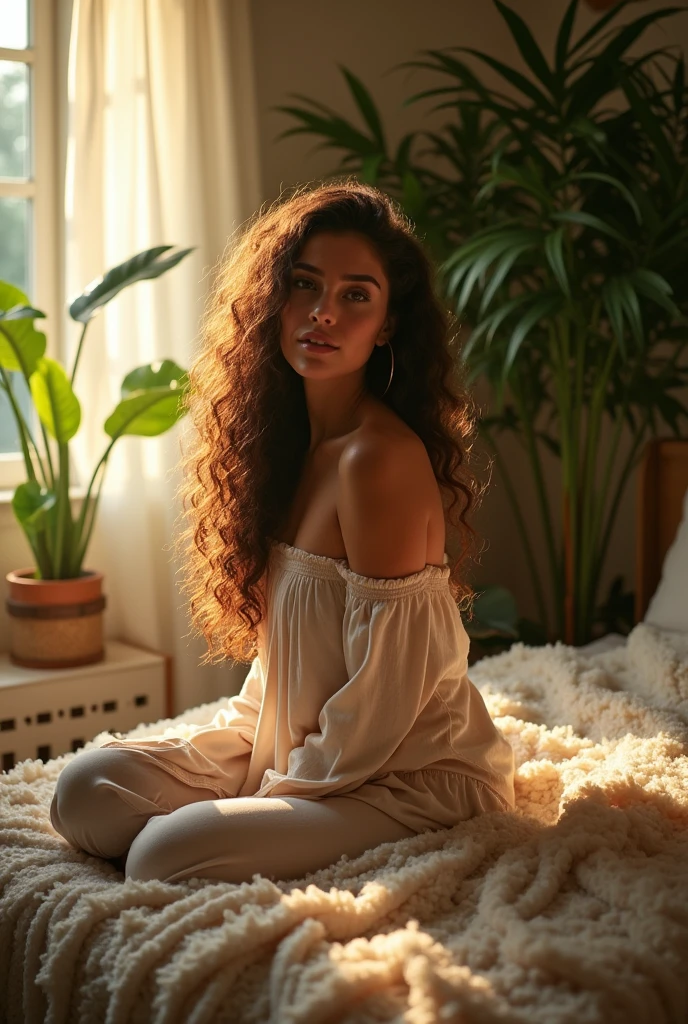 (photorealism:1.2), beautiful woman, sitting on bed, wearing loose off-shoulder top, pajama pants, long curly hair, indoors, soft lighting, plants in background, window with sunlight, cozy room, relaxed pose, realistic, intricate details, warm colors, by Greg Rutkowski, by Alphonse Mucha