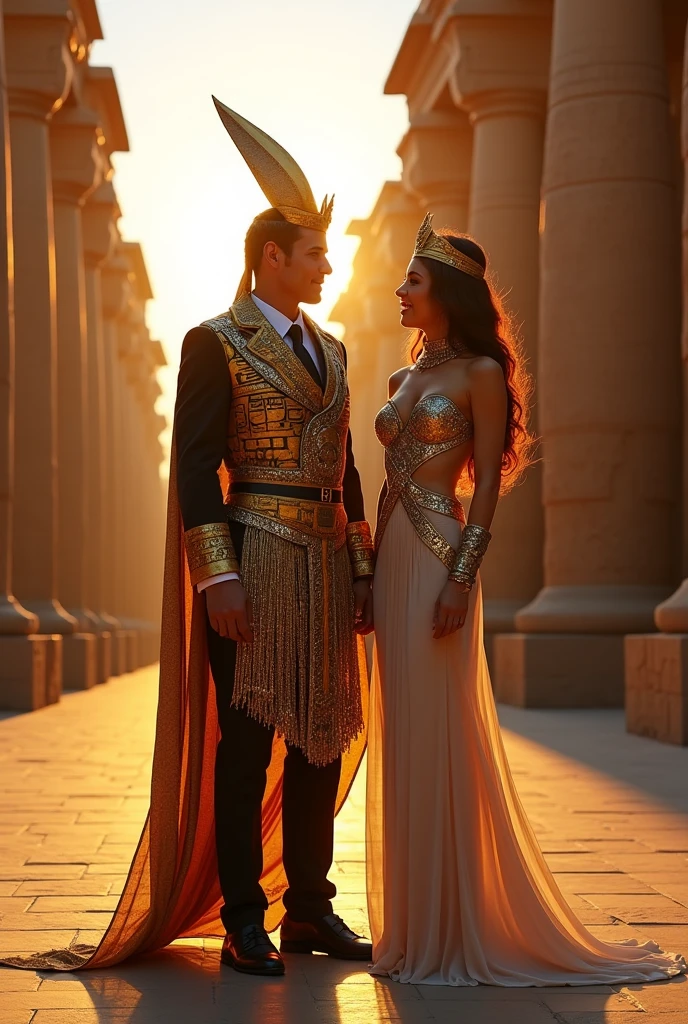 A pharaoh in clothing characteristic of the Egyptian era mixed with the modern formal clothes of a businessman together with his wife in the Cleopatra style with her characteristic clothing mixed with a modern 21st century long dress