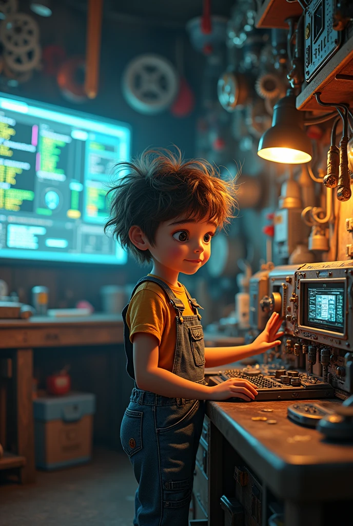Images of mechanics and computing, interspersed with a young character