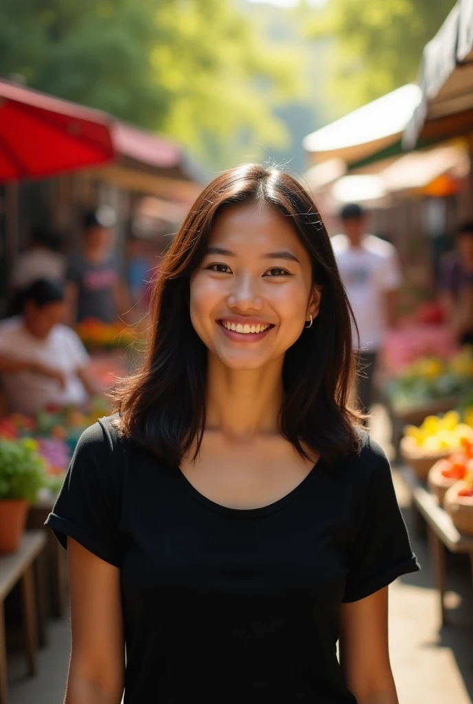 slightly tanned filipina with chinese eyes, straight short black hair up to shoulders, wearing short sleeve black top, around 20 years old