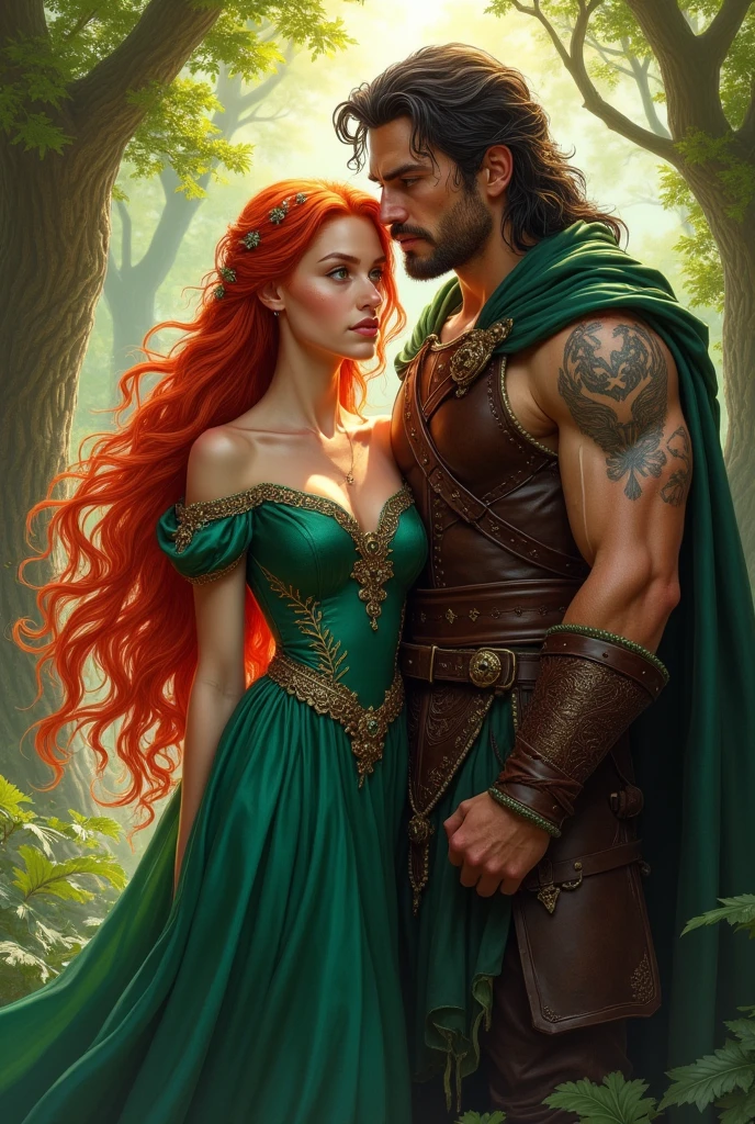 Beautiful princess, red hair, green eyes, and a ruggedly handsome barbarian warlord, realistic, 32k, Highly detailed, fantasy, trashy romance novel cover,