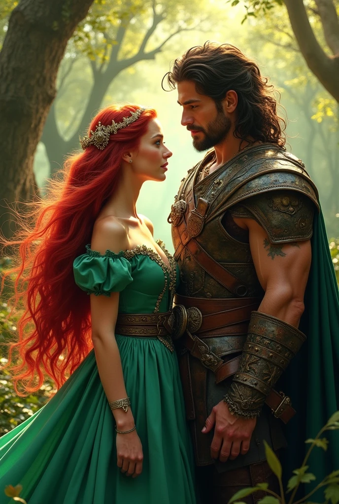 Beautiful princess, red hair, green eyes, and a ruggedly handsome barbarian warlord, realistic, 32k, Highly detailed, fantasy, trashy romance novel cover,