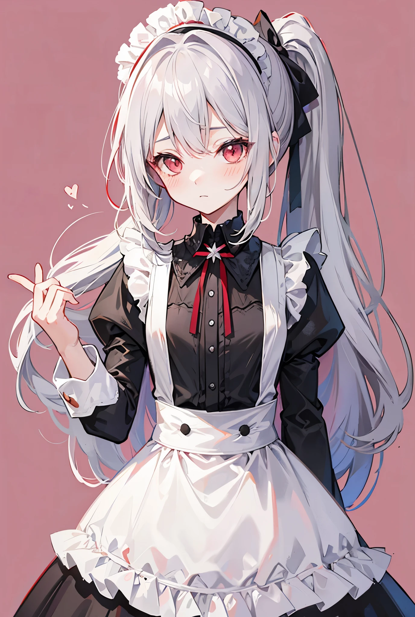 One person, Long Hair, High resolution, chest, Blushing, Simple Background, accurate, Highest quality, Gray Hair, ponytail, Red face, Maid outfit anatomically correct, 