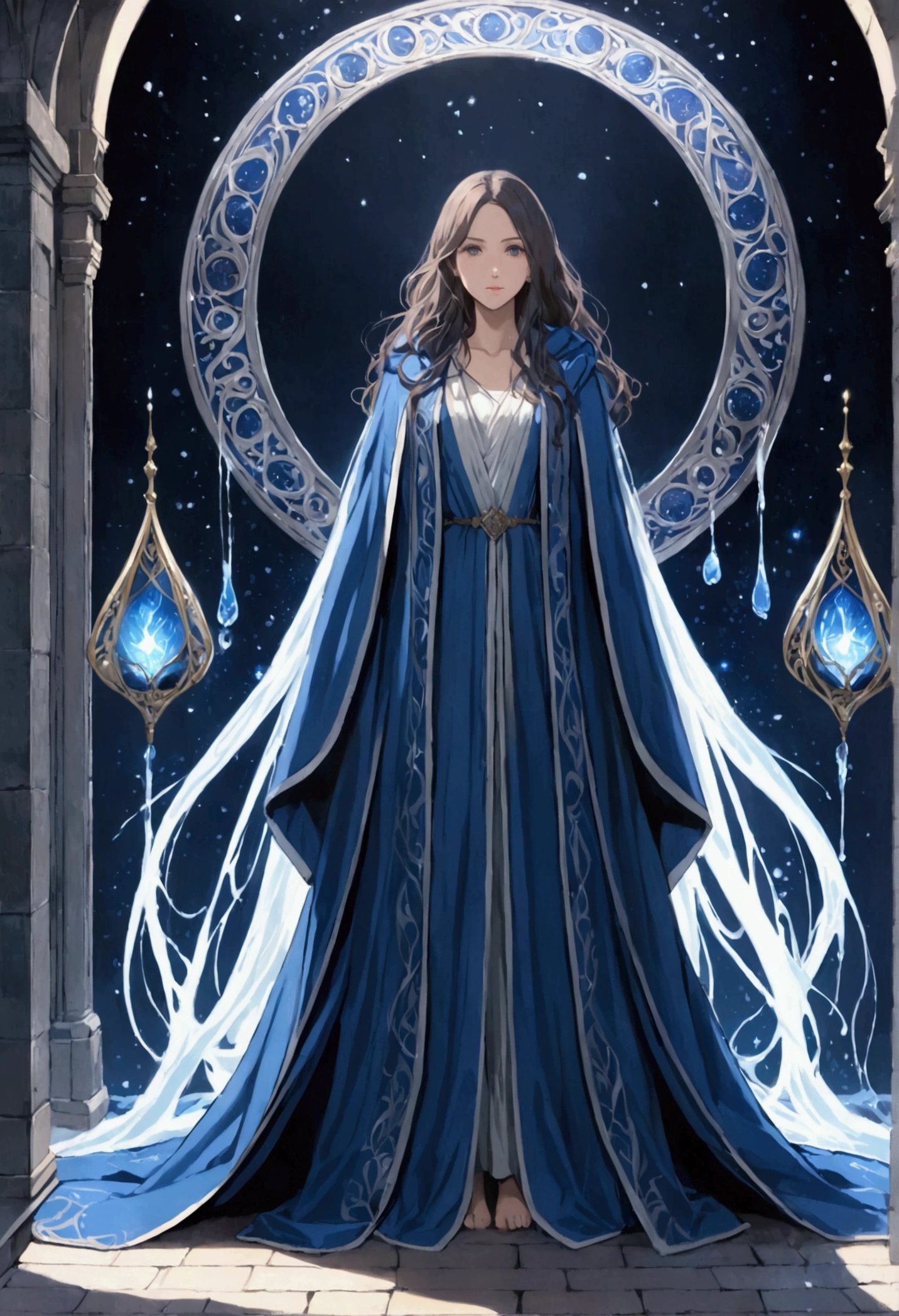 a woman in a blue dress and a blue robe is standing, ((wearing an aristocratic robe)), dark blue and white tunics, flowing magic robe, blue robe, blue tunic and robes, fluid coat, blue cloak, fluid coats, wearing blue robe, wearing fluid coats, loose hair and long robes, wearing a long fluid coat, wearing a blue robe, blue robes, masterpiece