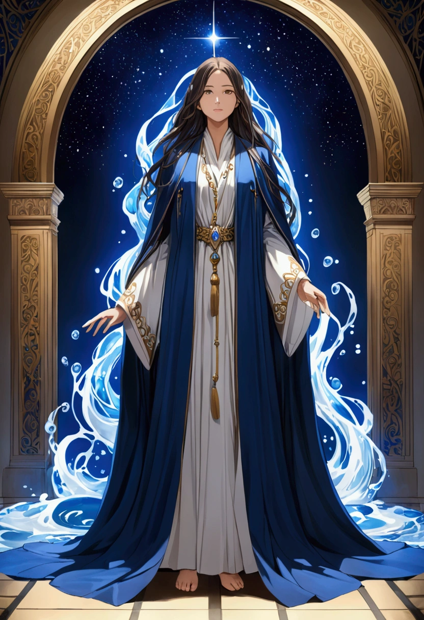 a woman in a blue dress and a blue robe is standing, ((wearing an aristocratic robe)), dark blue and white tunics, flowing magic robe, blue robe, blue tunic and robes, fluid coat, blue cloak, fluid coats, wearing blue robe, wearing fluid coats, loose hair and long robes, wearing a long fluid coat, wearing a blue robe, blue robes, masterpiece

