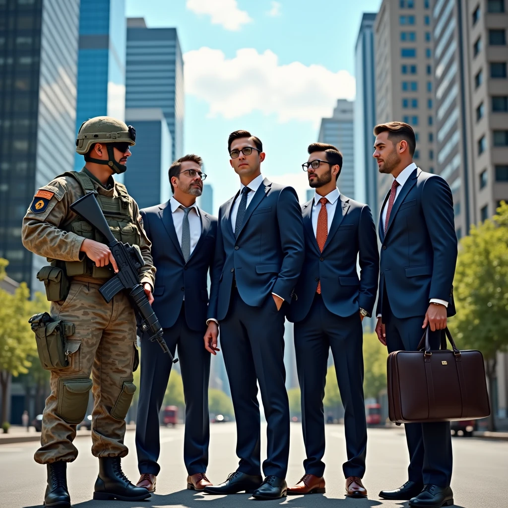 5 PEOPLE ONE SOLDIER, A BUSINESSMAN, an adult, TWO MEN IN SUITS