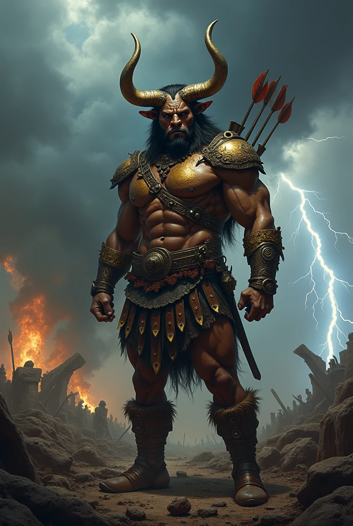 Minotaur armed with arrows in war uniform

