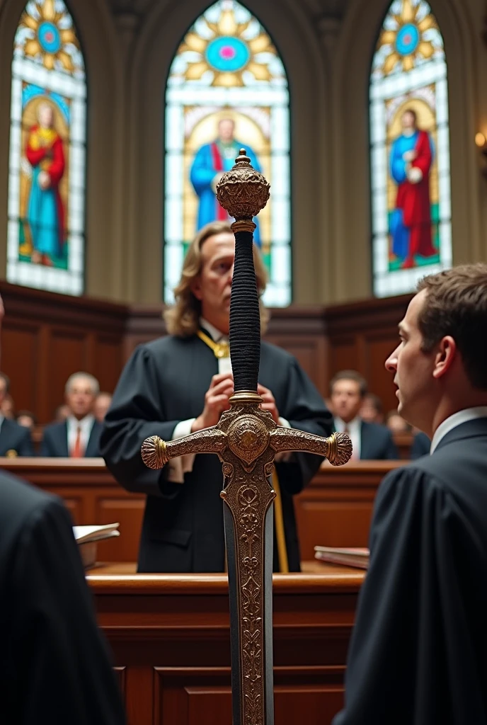 3d illusion, magistrate giving judgement on the case in the front of advocates and mark Zuckerberg is also standing there in criminal's sword , in day time
