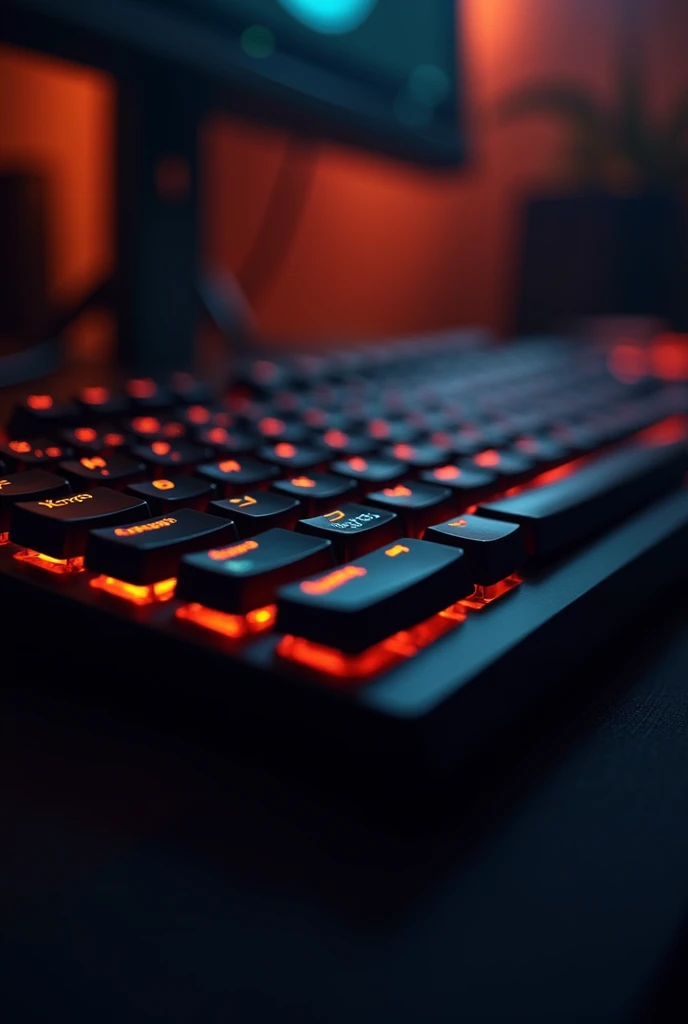 Picture of a high quality keyboard that looks amazing. Dark tone, blurred background, blurred foreground, soft orange backlight.
