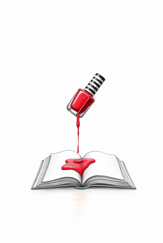 on a white background, make a simple drawing, Striped, made with pencil and minimalist of a bottle of red nail polish pouring on a page of a book