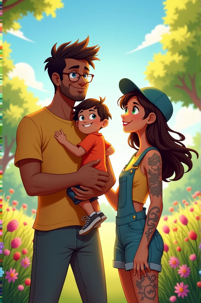 Create an illustration of Max, Malakai and Miller as a family. Their physical descriptions are: 
Max: 2 year old boy, dark hair, blue eyes y thesis clara 
Malakai: 32 year old man, blue eyes, one lens, thesis clara, dark hair, tall and muscular and a baseball player, Miller wears a backwards cap: 25 year old girl, short stature, He has his right arm tattooed, has a septum, Brown hair, green eyes and wears short overalls