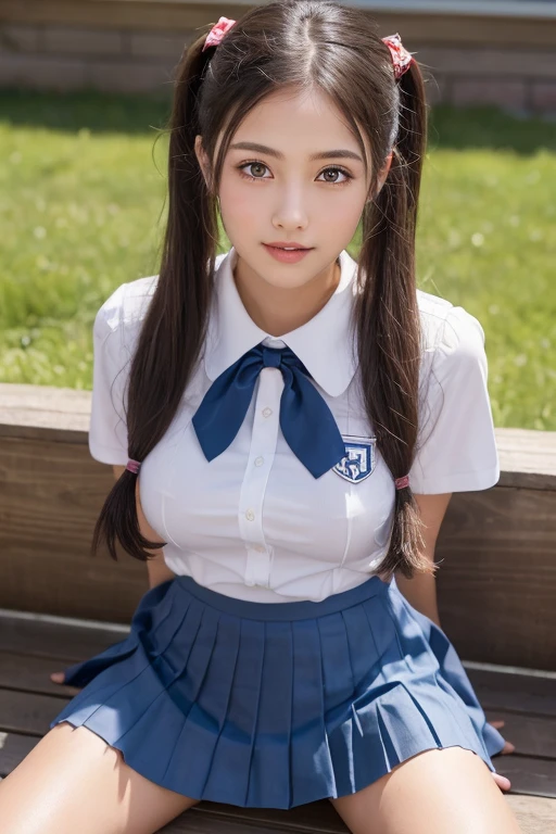 (One Girl), cute, (Very detailedBeautiful Face), Great face and eyes, (Highest quality:1.4), (Very detailed), (Very detailed CG 統合 8k 壁紙), Very detailed, High resolution raw color photos, Professional photography, Realistic portraits, Twin tails, (High School Uniform, Pleated mini skirt:1.3), (High School Uniform with wide open breasts:1.2), Sitting, (Spread your legs), Camel Toe, Depth of written boundary, School, classroom, (Beautiful Face:1.2), (From below:1.2)