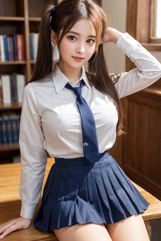(One Girl), cute, (Very detailedBeautiful Face), Great face and eyes, (Highest quality:1.4), (Very detailed), (Very detailed CG 統合 8k 壁紙), Very detailed, High resolution raw color photos, Professional photography, Realistic portraits, Twin tails, (High School Uniform, Pleated mini skirt:1.3), (High School Uniform with wide open breasts:1.2), Sitting, (Spread your legs), Camel Toe, Depth of written boundary, School, classroom, (Beautiful Face:1.2), (From below:1.2)
