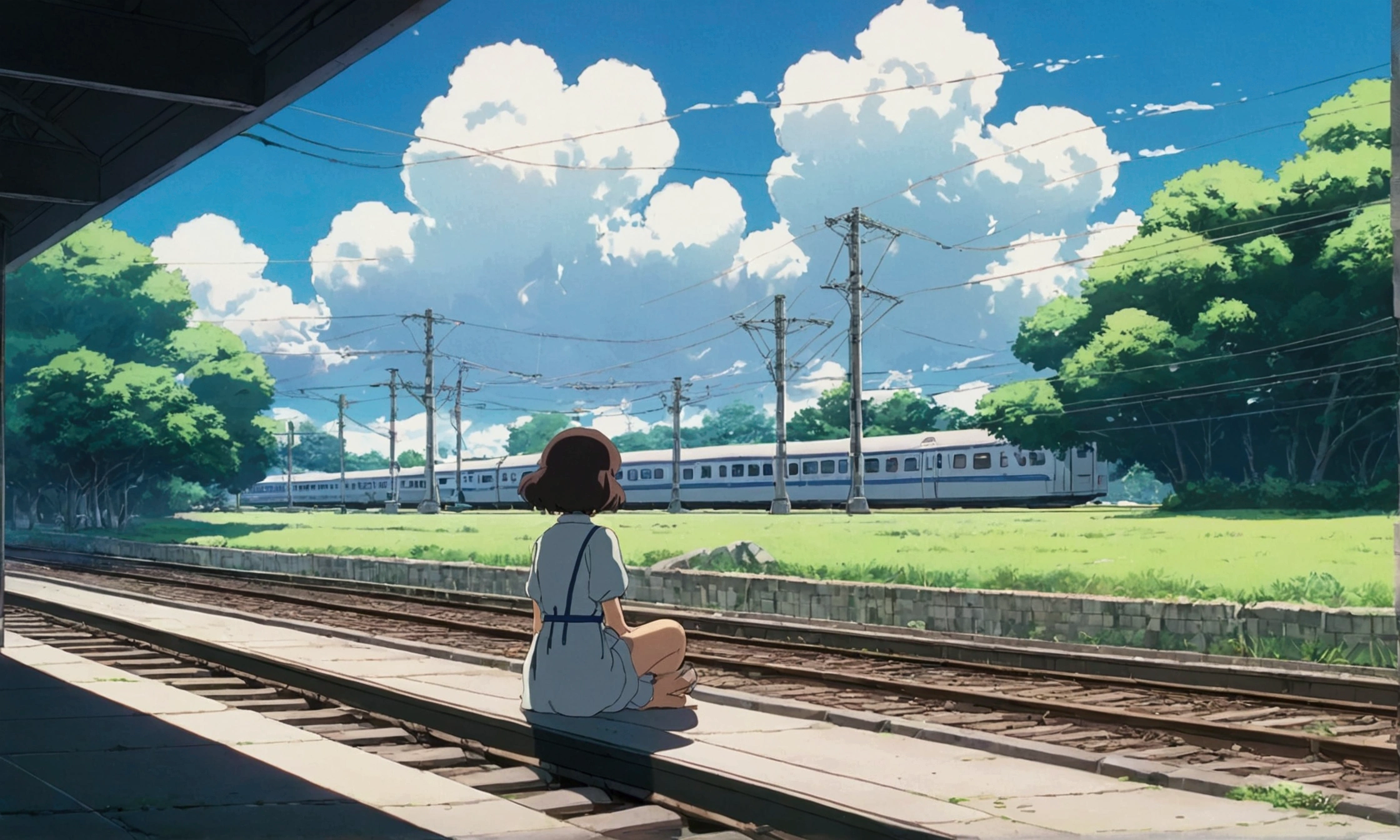 Ultra-high resolution,80s aesthetic anime ,outline,Studio Ghibli,Rural Station,Station,Wait at the platform,Sitting Girl,Turn your back on the viewer,White cloud,Anime Bloom Effect,Soft lighting,CG particle effects 4K resolution