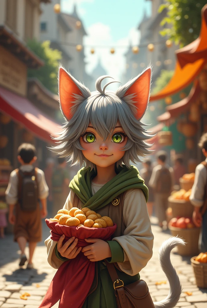 a grey haired cat boy, 20 years old
