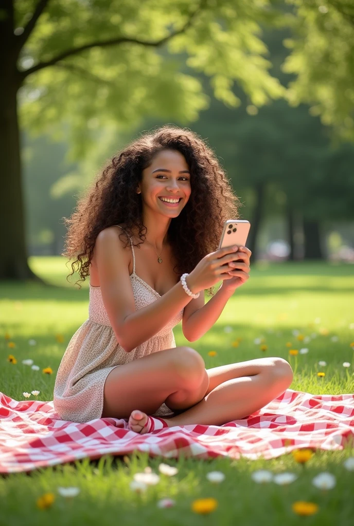 A brunette girl with curly hair and big breasts sits with her legs stretched out, taking a realistic photo