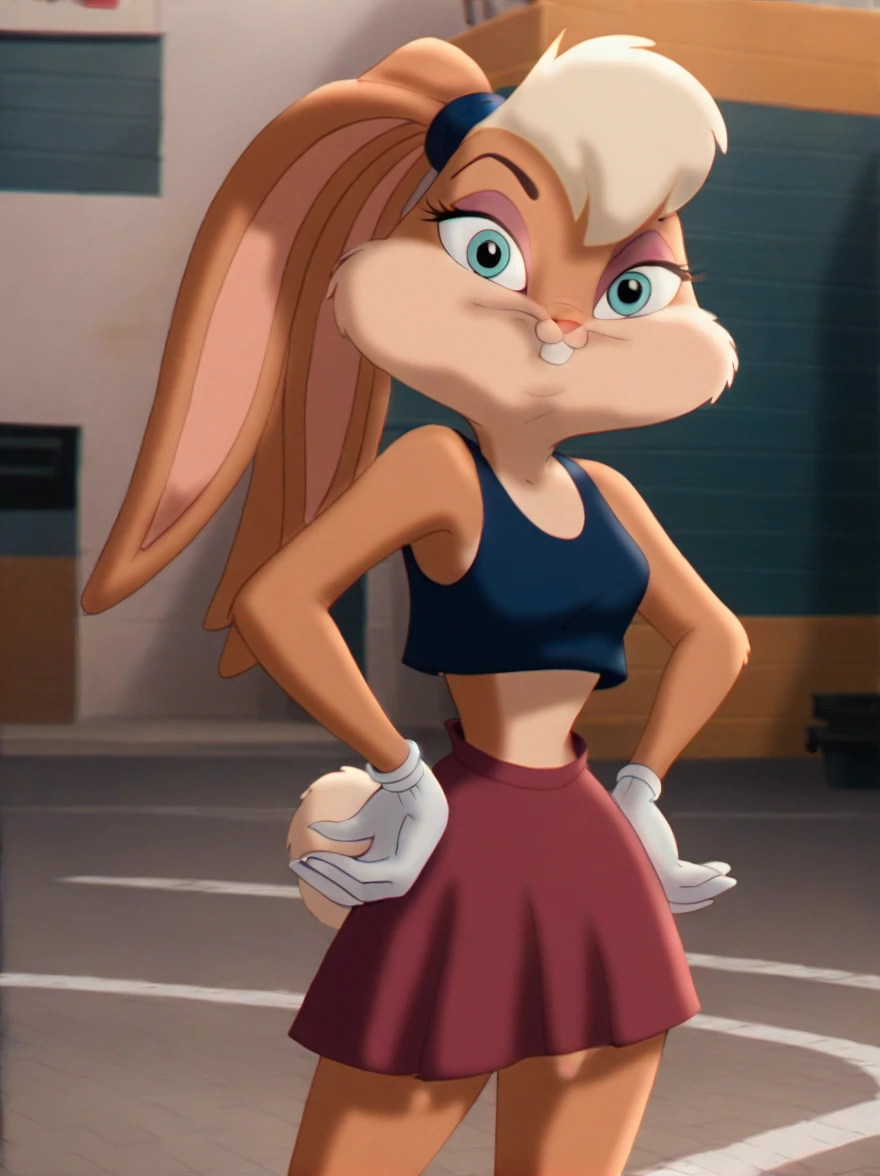 lolabunny, 1girl, solo, furry female, rabbit ears, rabbit girl, animal nose, black crop top,white gloves,hands on hips,  blue eyes, body fur, standing, tail sleeveless, light pink skirt, buck teeth, smile,looking at viewer, outdoors, score_9, score_8_up, score_7_up, score_6_up, score_5_up, score_4_up   