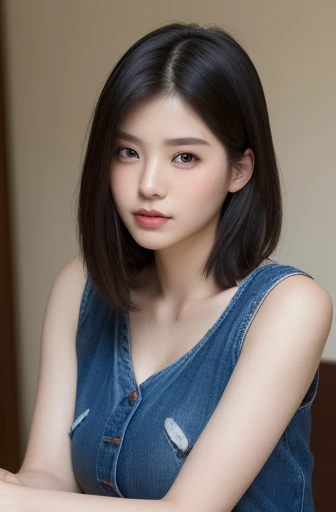 korean beauties, mixed korean, realistic, (((Best quality))), 8k, ((masterpiece)), (extremely delicate and beautiful), Highly detailed, ((Highly detailed face)), (Highly detailed eyes)) , Best quality, 1 girl, alone, (sleeveless t-shirt: 1.1), shiny skin, dark hair, (big breasts: 1.4), jeans, (sitting), gamer room