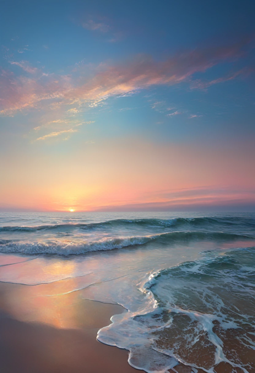 painting, style Scott Nesmith, Maranov, smoothness gradient surface of the sea goes over the horizon merging with the absolutely clear sky, liminal gentle, hyperrealism, glow, hyperdetailed, delicate colors, pastel colors, dreamy, transcendence, volumetric, translucent waves, 4k 30mm lens, 1200dpi