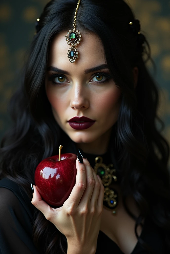 woman,Black long hair,Queen,Accessories,Apple in hand,Poison apples,女巫Queen,Red lipstick,close up