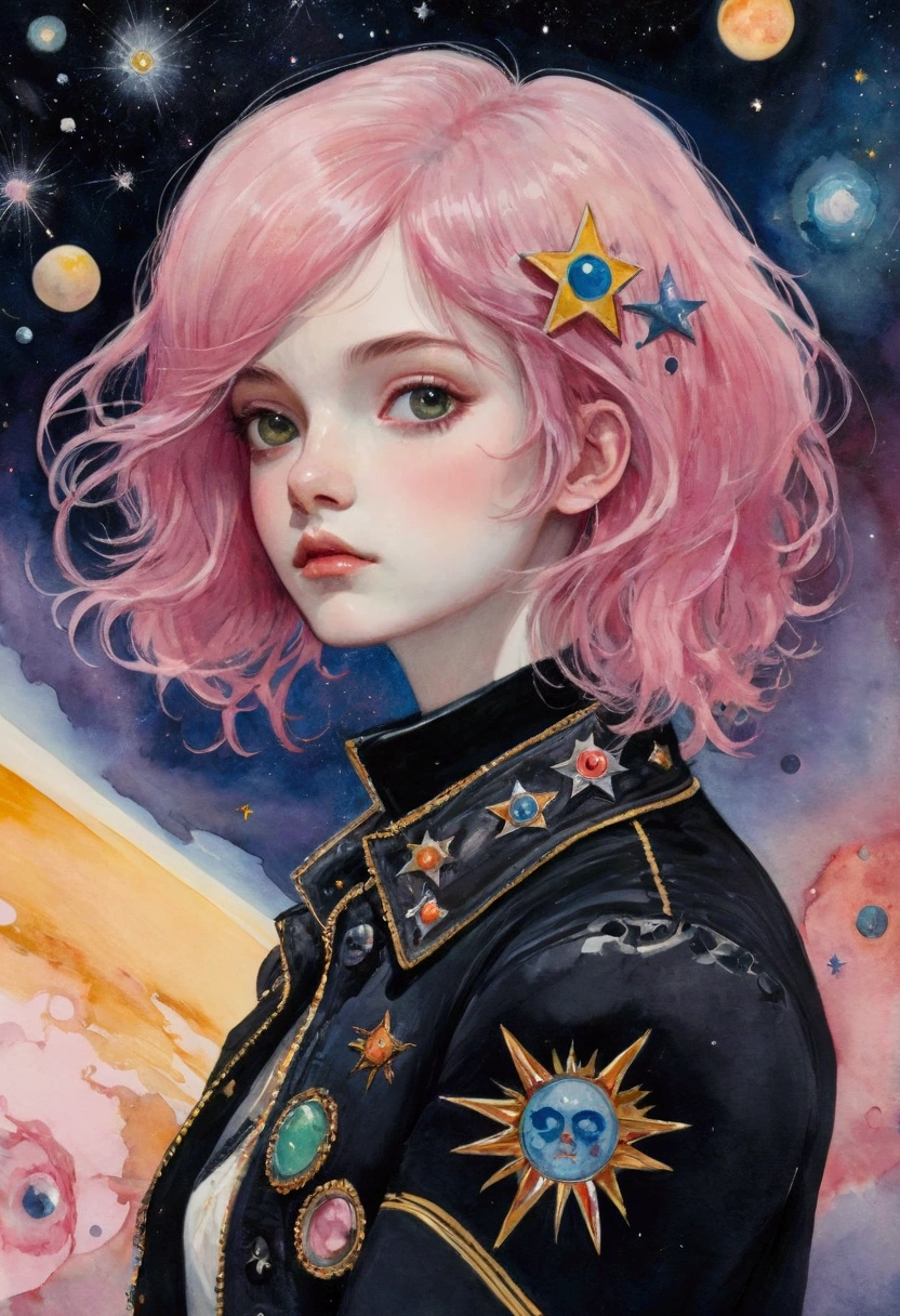 (masterpiece),(best quality:1.1),Best Illustration,Fine details,(Watercolor)floating,1 Girl,Solitary,13 years old,Slim,Beautiful face,beautiful eyes,Pink Hair,(Messy hair),(Wearing a heavy metal punk style outfit ),weak,Official Art, Matte tinting, 1970s, psychic, nebula,(Stars), Meteor Showers,((Inspired by: James Ensor)),