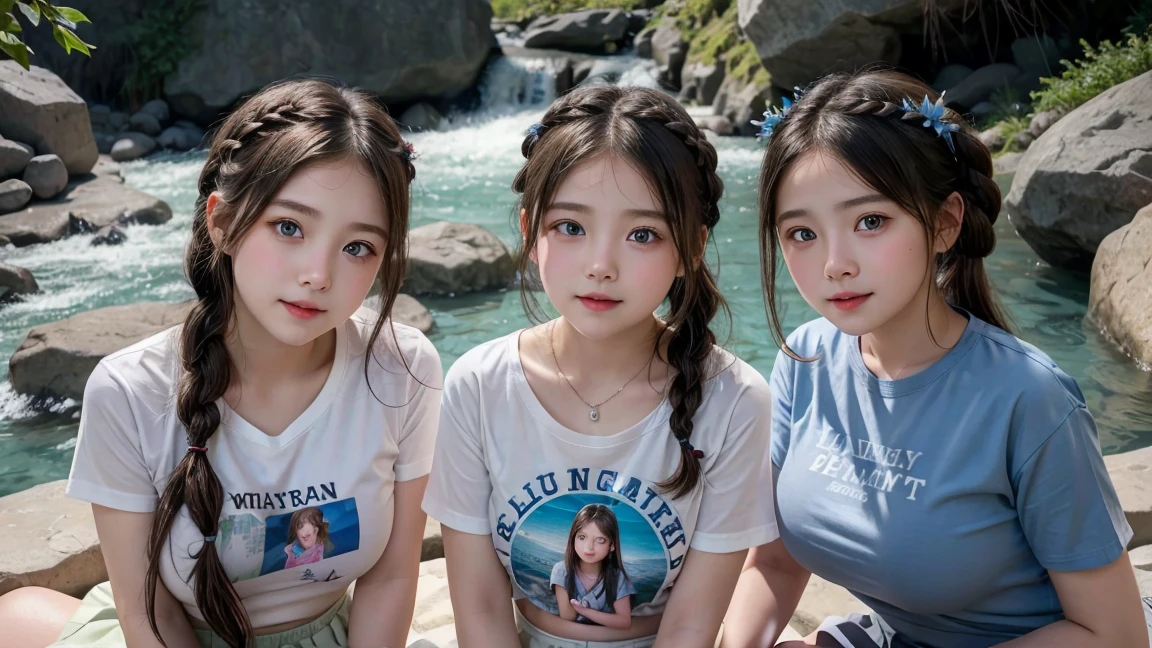 ( 3 girls), Masterpiece, Highest quality, 8ก, beautiful girlYoung faceวัยใส、Young face 、beautiful girl, young face、Young face 、smile、Cute face,blue eyes (((9 years old))) braided hair,Flower Hair Ornaments、 diamond necklace、Wear a jeans skirt.  ,(t-shirt,rift,No makeup:1.2), Extra long twin tail feathers、 photography, Look into the camera、small waist, thigh,Sitting on a rock in a waterfall,Push your chest up.、(((The chest is erect...)))(((round chest)))(((big breasts:1.0)))