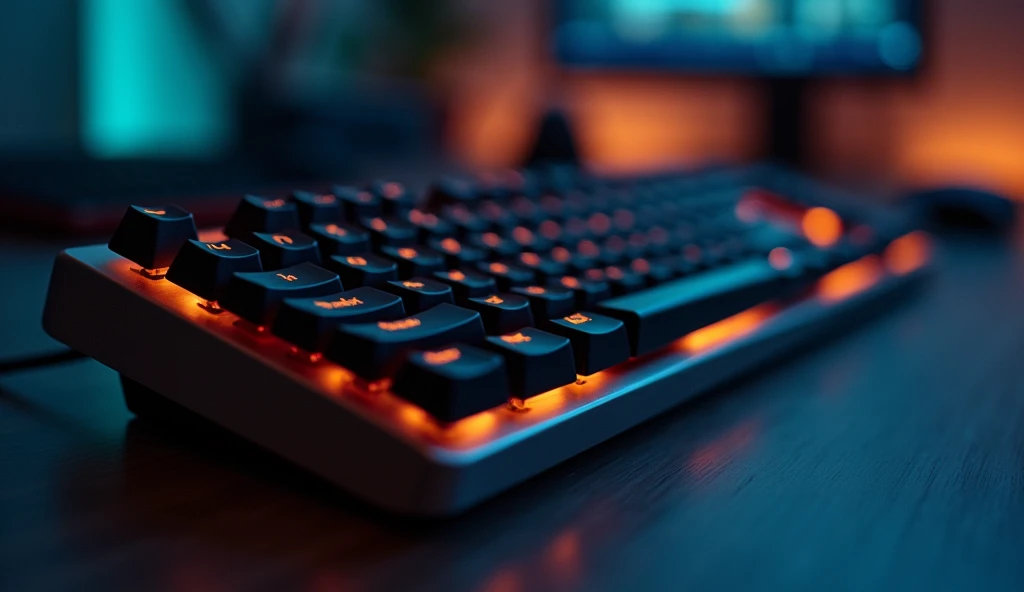 Picture of a high quality keyboard that looks amazing. Dark tone, blurred background, blurred foreground, soft orange backlight.
