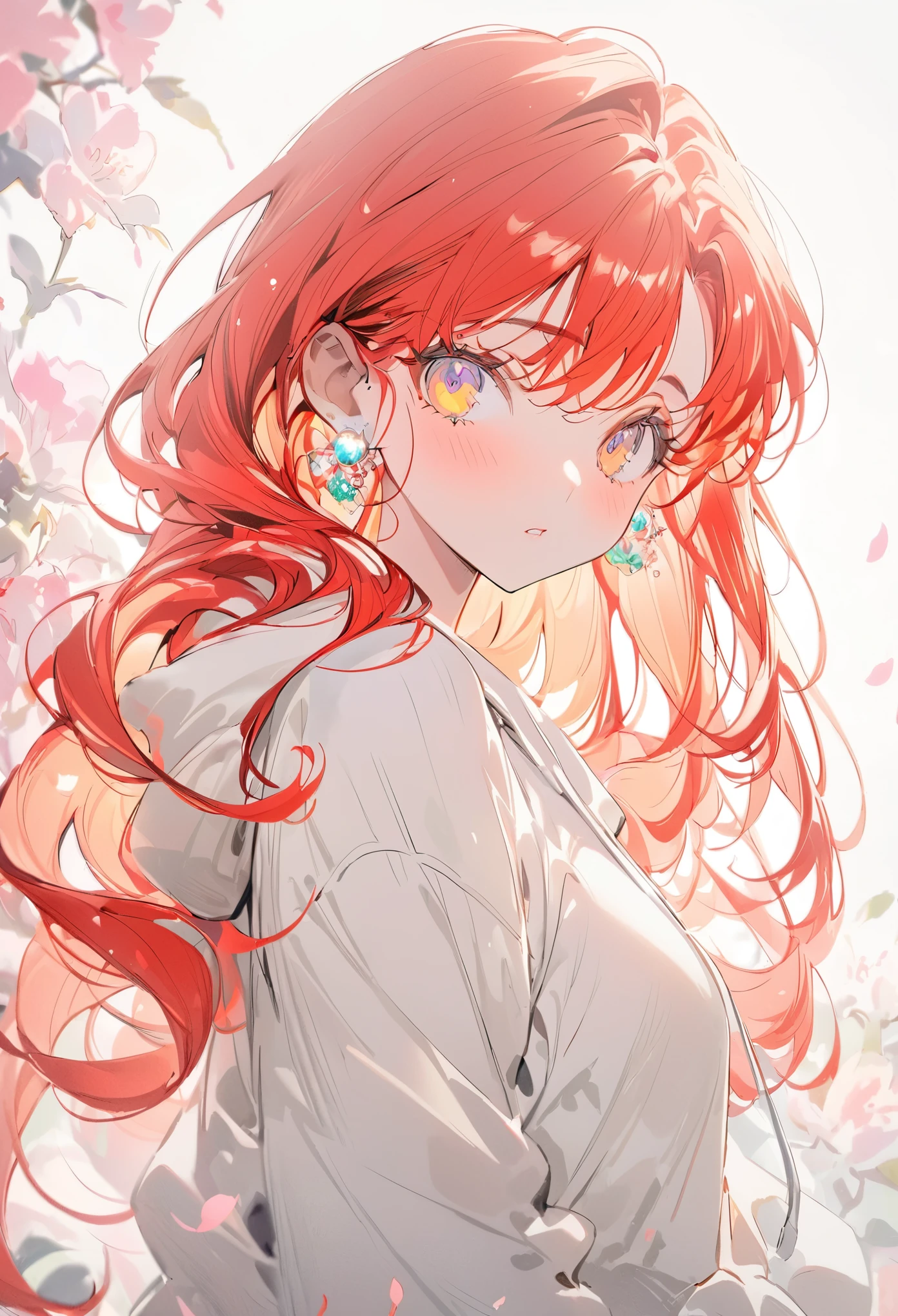 Soft lines, red hair, yellow eyes,wearing over size white hoodie,sleeves past wrists overly long sleeves,Official art using high-quality hand-drawn watercolor sketch techniques. (best quality,4k,8k,highres,masterpiece:1.2),ultra-detailed,beautiful detailed eyes,A girl with beautiful eyes, everyone, beautiful anime girl, cute anime girl, smooth anime art, anime style, elegant colors, soft lighting, delicate beautiful eyes, very coquettish,