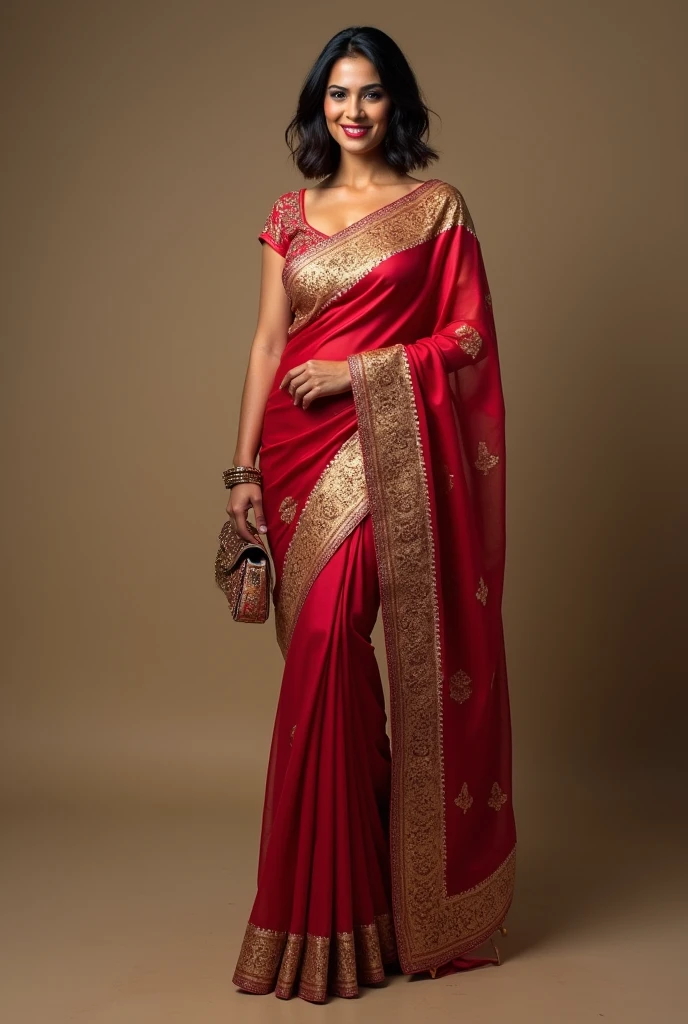 Female 33 who looks like celebrity Sunny Leone as exactly as possible, hyper realistic, bob cut hair, gorgeous luxury saree and purse, full length body photograph, looking straight at the camera, big cute smile, sexy figure, full body length photo inducing her feet. 