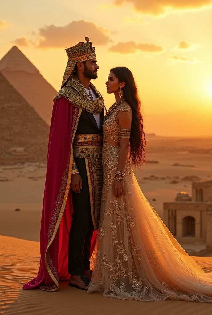 A pharaoh in characteristic Egyptian-era clothing wearing a neme mixed with the modern formal wear of a businessman along with his wife in the Cleopatra style with her characteristic clothing mixed with a modern 21st century long dress