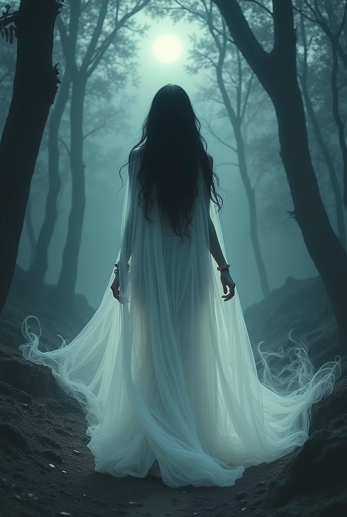 Ladies indian ghost in white saree walking backward and looking slightly uper side