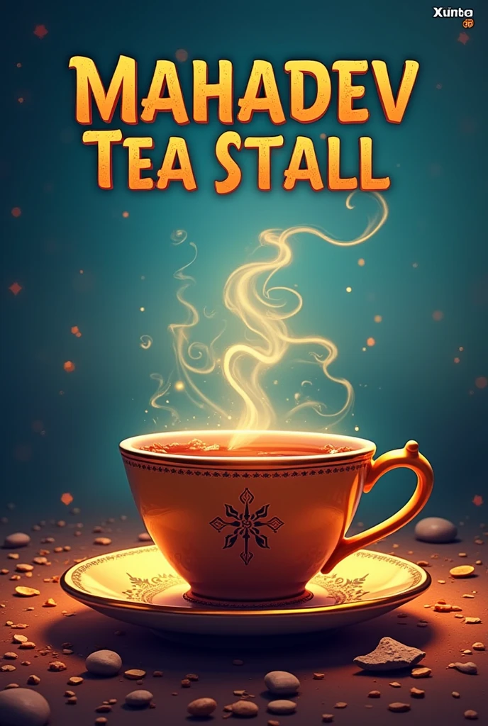 Design a vibrant and eye-catching banner for 'Mahadev Tea Stall'. Feature a large, inviting image of a steaming cup of tea to emphasize the write a Mahadev tea stall using smoke .warmth and comfort. Incorporate elements related to Lord Shiva, such as a trident (trishul) or a depiction of the sacred mountain, to highlight the spiritual theme. Use bold, traditional fonts for the text, and choose a color palette with rich, earthy tones like deep blues, oranges, and browns to create an engaging and appealing visual. Include the stall's name prominently, along with any special offers or taglines, in a way that stands out against the background.