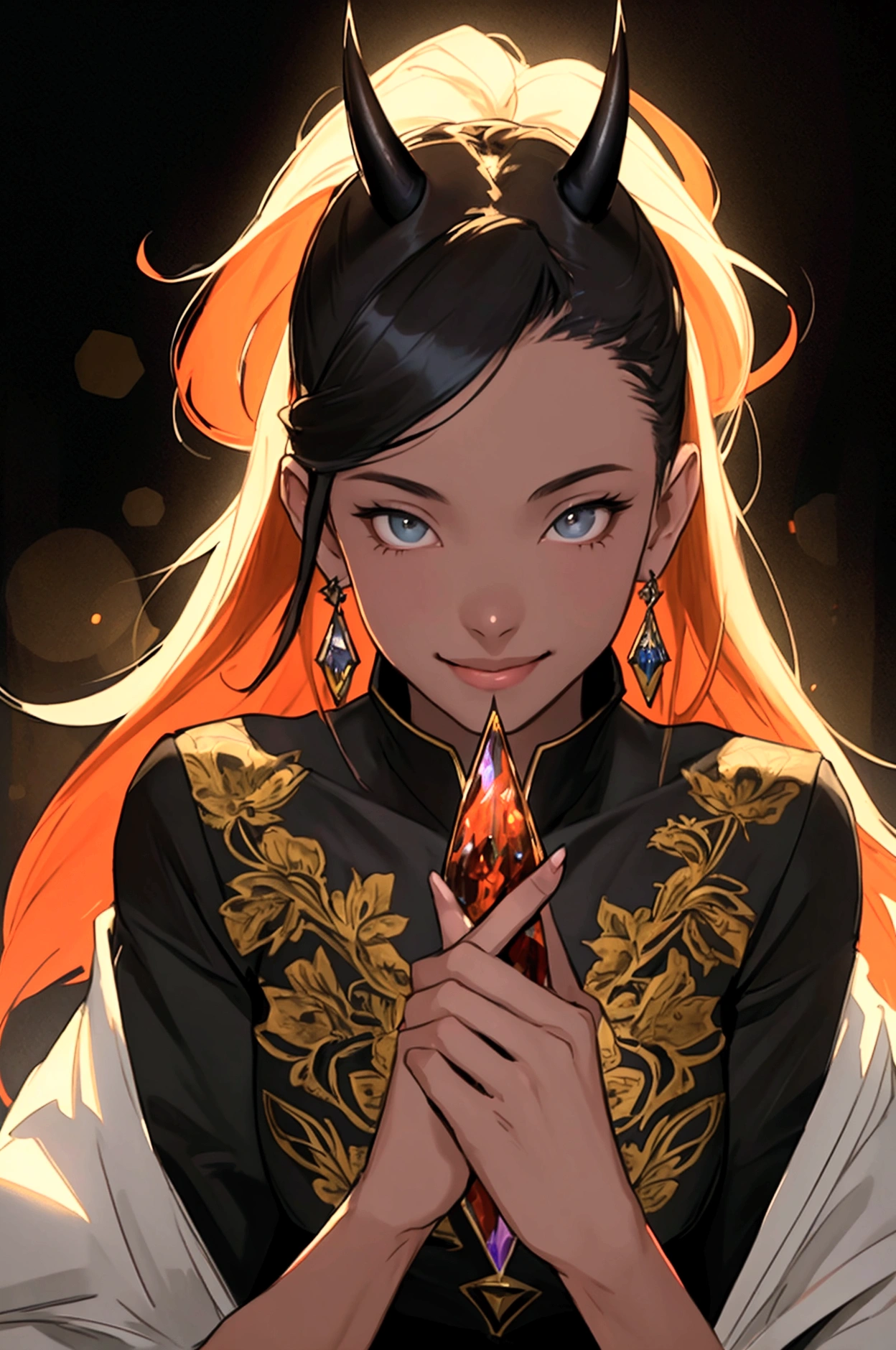 (Highest quality,8k,High resolution, masterpiece:1.2),(Silhouette Art), devil,,15 years old,smile,Very detailed, High resolution, 超High resolution, Studio Lighting, Ultra-fine painting, Sharp focus, Physically Based Rendering, Very detailed説明, Professional, Vibrant colors, Bokeh, Portraiture, Concept Artist, Warm color palette, Dramatic Lighting,New elements, Huge Energy,bright , 