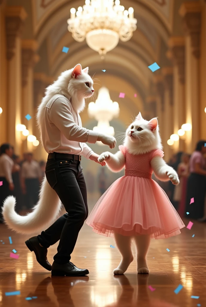 A tall white cat dressed in white shirt and black jeans dances with a tall beautiful white cat dressed in pink frock and white leggings in a hall