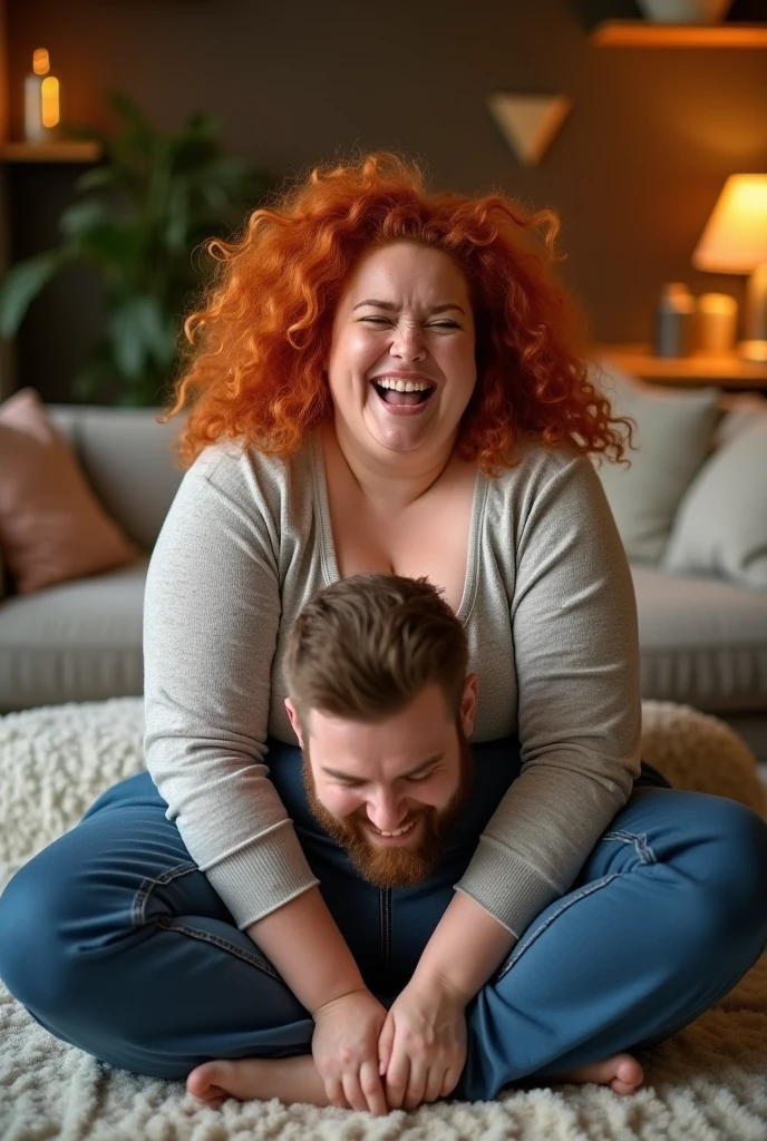 Chubby woman sitting on top of a man&#39;s legs and crushing him with her butt 