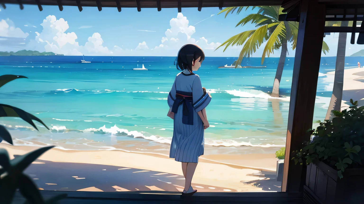summer,blue ocean,beach,smile,komono,japanese girl,back view
