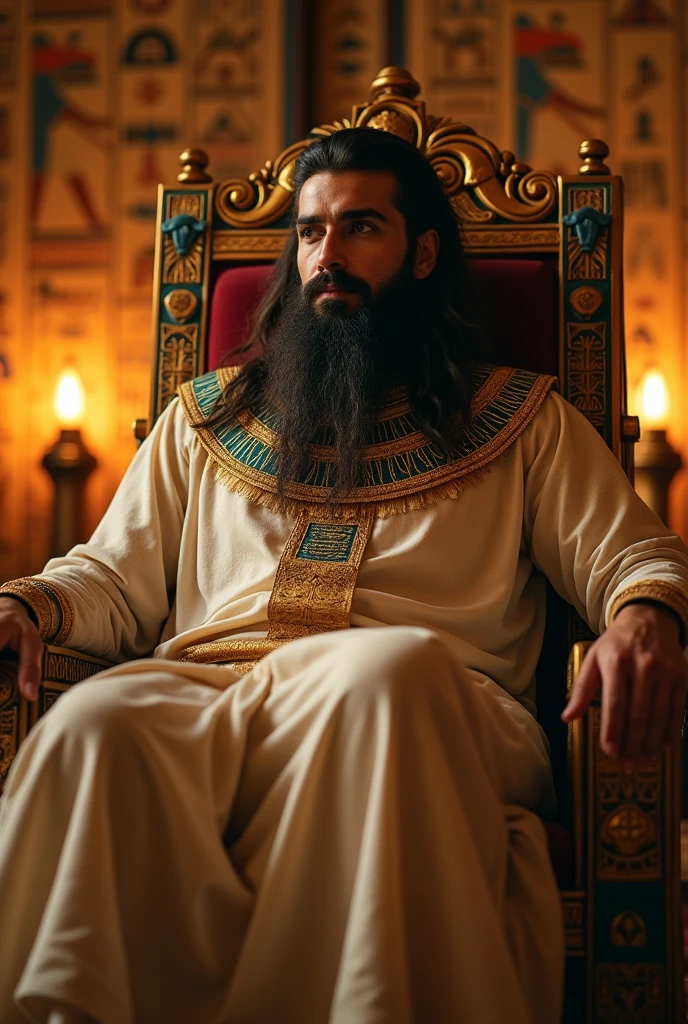 The king of Egypt who is a handsome
man
.The king of Egypt is dressed in a very perfect
dress and the king is sitting on a chair and people are looking at him in royal house . Young man has diamond face with white skin .He has a long Beard .