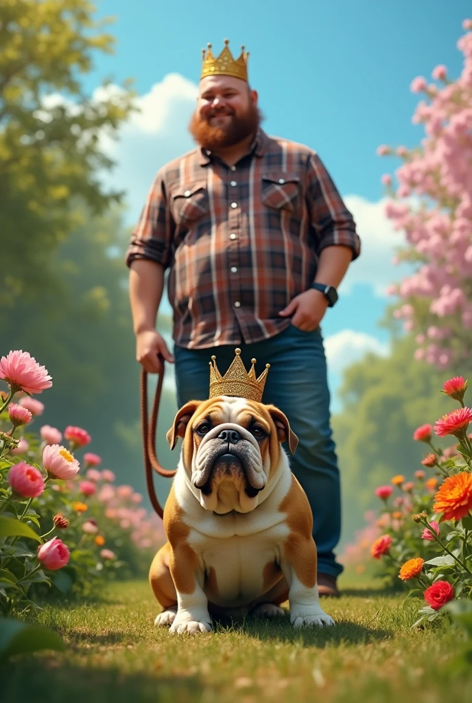 Bulldog dog wearing a crown is tied with a leash to a man behind 