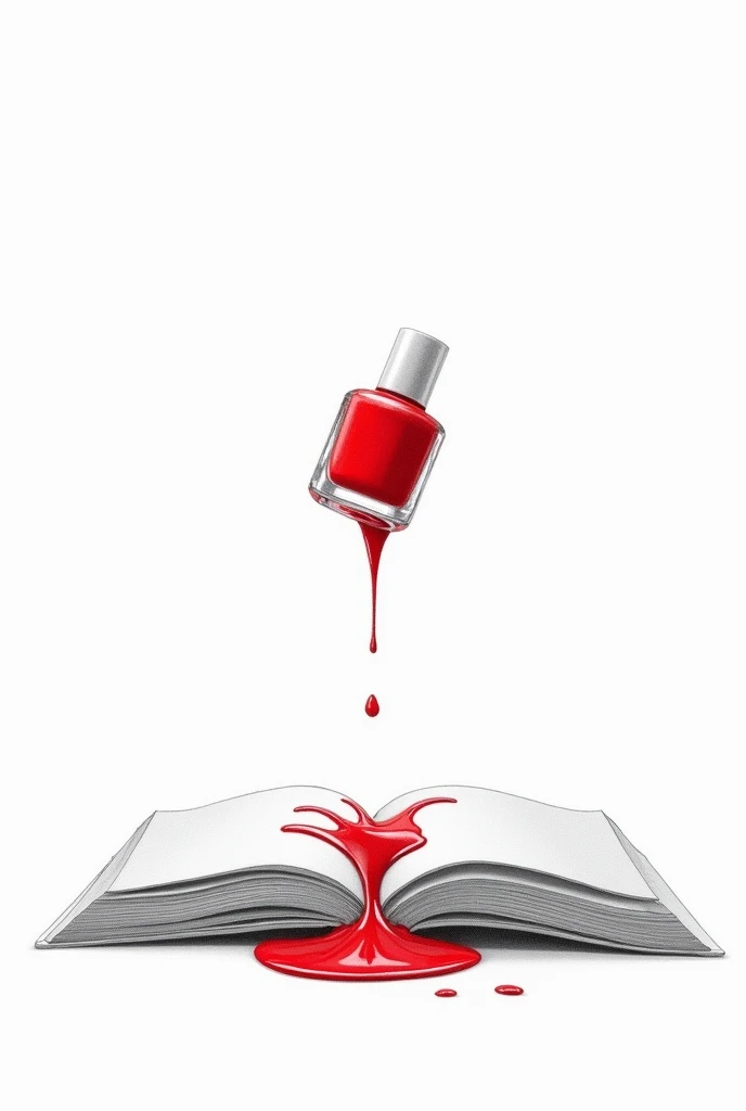 on a white background, make a simple drawing, Striped, made with pencil and minimalist of a bottle of red nail polish pouring on a page of a book