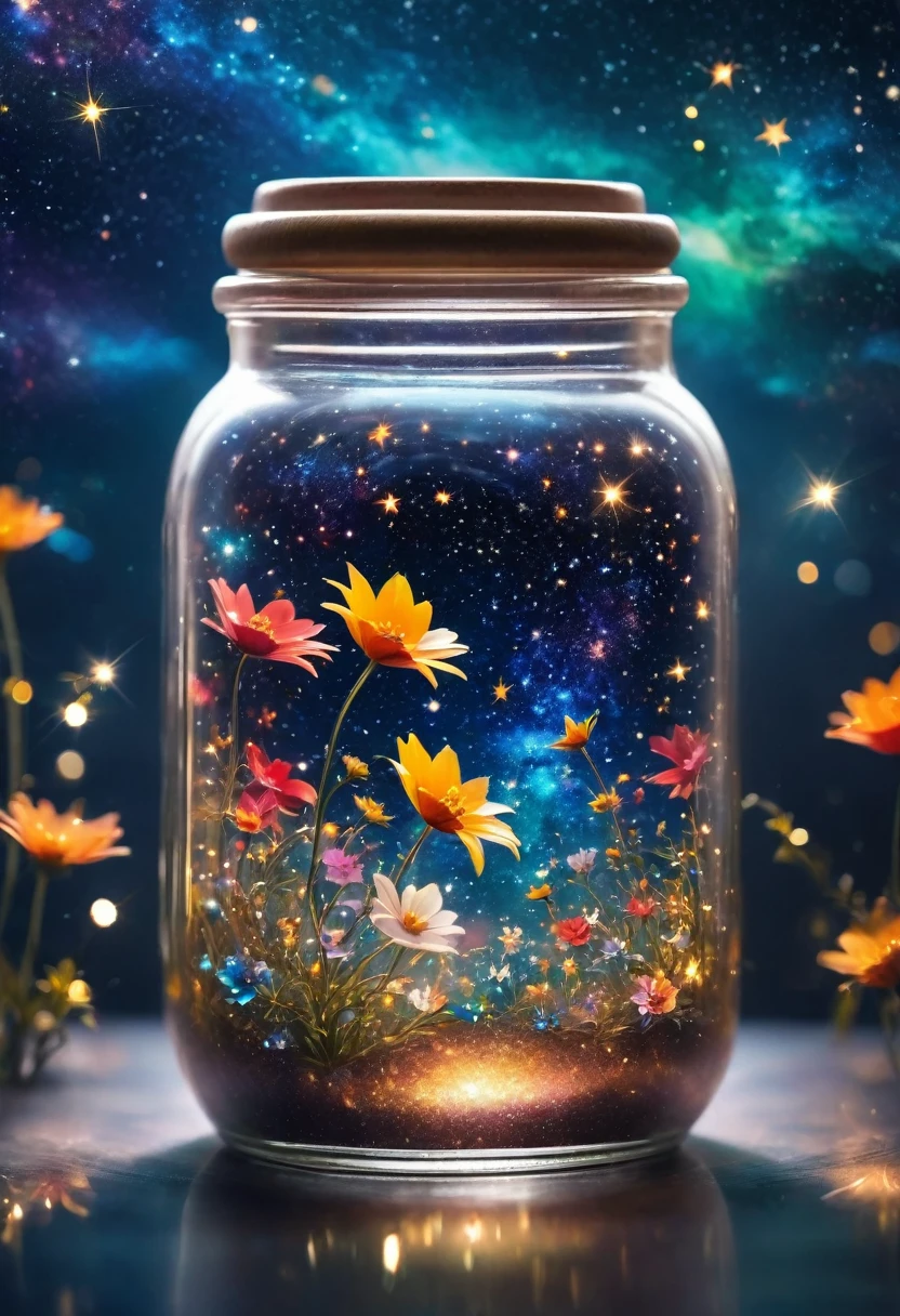 
Close-up of glass jar, Starry sky in a jar, miniature cosmos, Twinkling stars, Colorful Nebula, galaxy, Cosmic dust, Glass reflection, Surface distortion, Background starry sky, Compared, depth, magic, Ethereal Light, Ultra Detailed, Dark background, Paradise beauty, Macro Photography