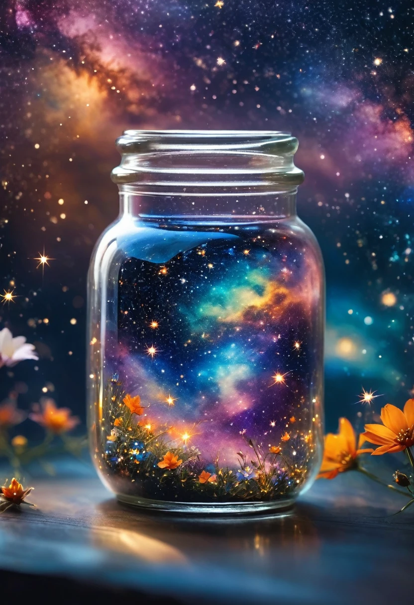 
Close-up of glass jar, Starry sky in a jar, miniature cosmos, Twinkling stars, Colorful Nebula, galaxy, Cosmic dust, Glass reflection, Surface distortion, Background starry sky, Compared, depth, magic, Ethereal Light, Ultra Detailed, Dark background, Paradise beauty, Macro Photography