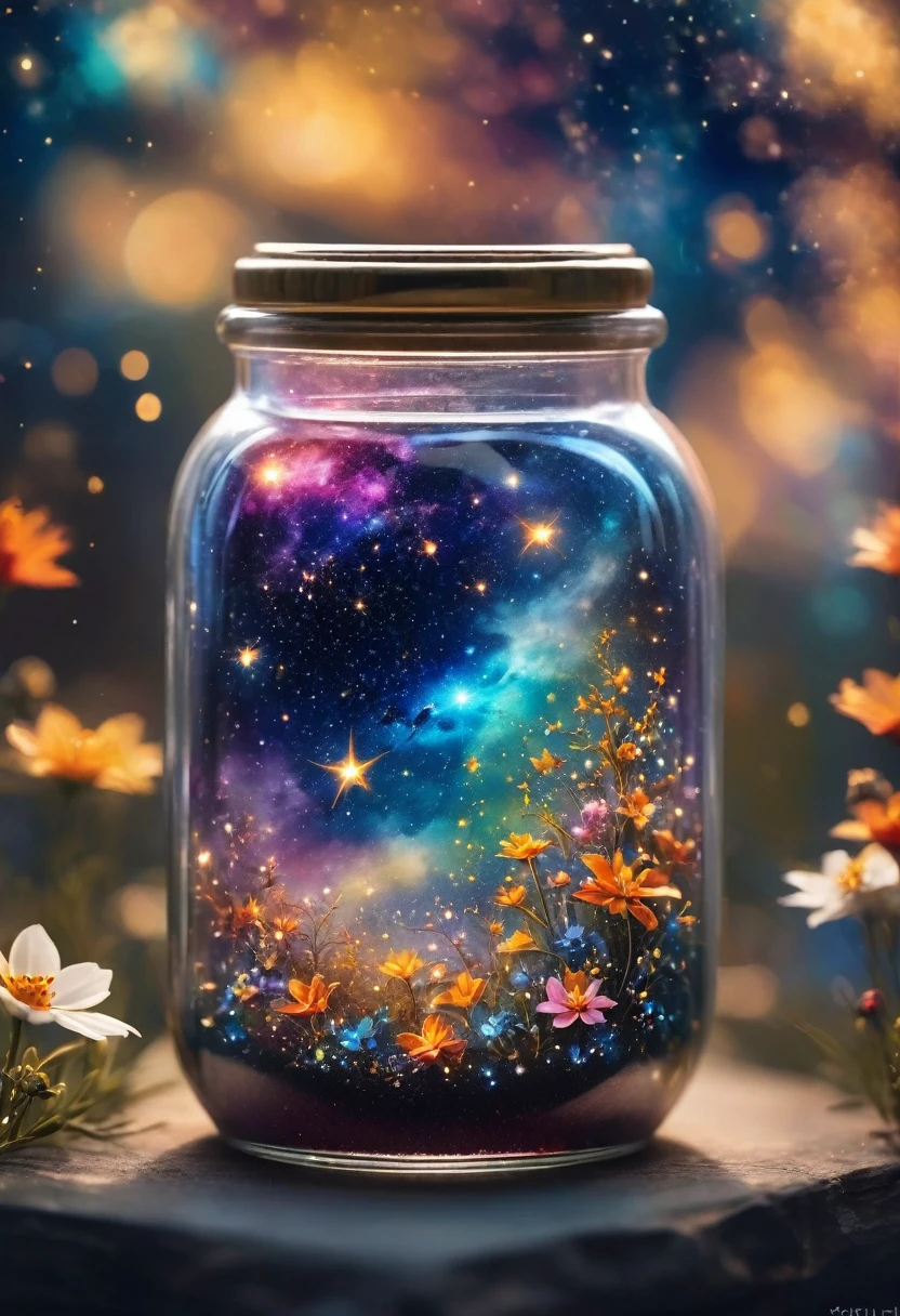 
Close-up of glass jar, Starry sky in a jar, miniature cosmos, Twinkling stars, Colorful Nebula, galaxy, Cosmic dust, Glass reflection, Surface distortion, Background starry sky, Compared, depth, magic, Ethereal Light, Ultra Detailed, Dark background, Paradise beauty, Macro Photography