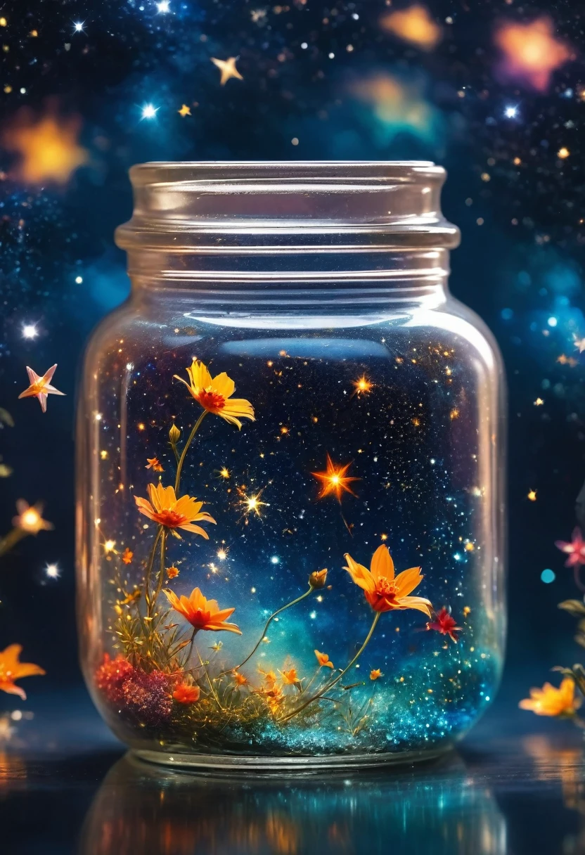 
Close-up of glass jar, Starry sky in a jar, miniature cosmos, Twinkling stars, Colorful Nebula, galaxy, Cosmic dust, Glass reflection, Surface distortion, Background starry sky, Compared, depth, magic, Ethereal Light, Ultra Detailed, Dark background, Paradise beauty, Macro Photography