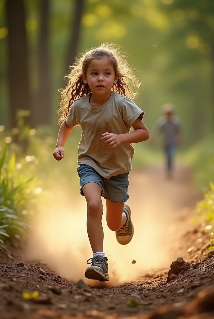 A girl is running. Only her feet are visible. Her shoes are dirty.