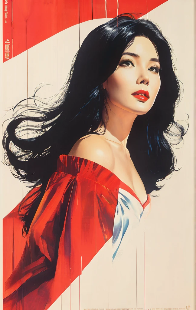 Upward angle, beautiful woman, romantic movie poster for women, neat woman with long black hair and pop woman with short white hair