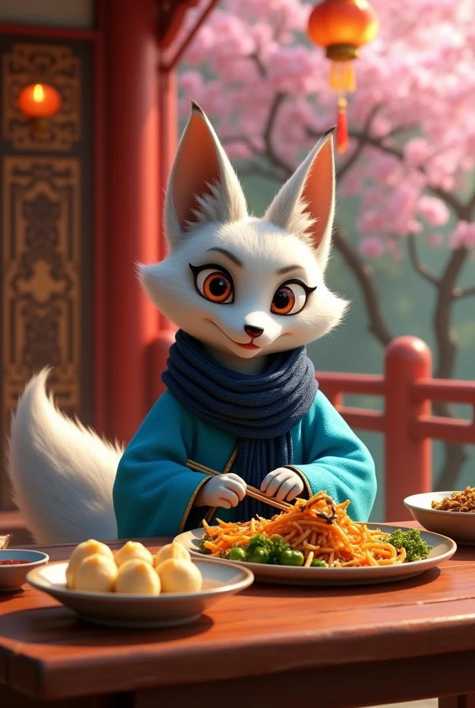 zhen, a grey corsac fox, wearing blue clothes and dark blue scarf from Kung Fu Panda 4 enjoying a delicious Chinese meal.