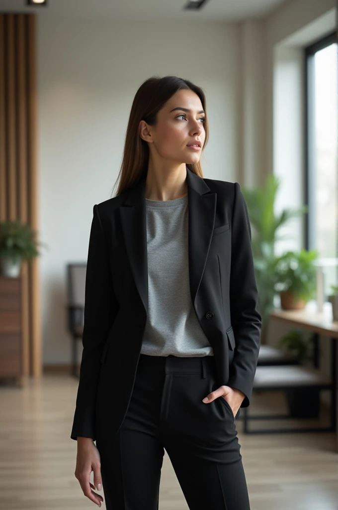 Women uniform with black pants grey full sleeve shirt and black shoulder blazer 