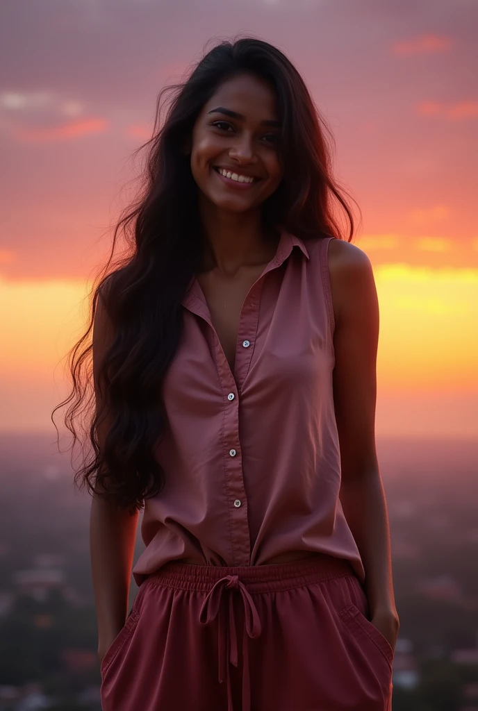 (high quality:1.6, masterpiece:1.6, HDR, 128K), (hyper-realistic, photorealism) 20 year old extremely beautiful Tamil girl, (highly detailed:1.6 extremely beautiful:1.6 face, eyes, ears, nose, lips, skin, curves, body parts), eyes symmetry, evening sky, (bright smile), very long hair, (wearing:1.6 sleeveless backless shirt and baggie pant)