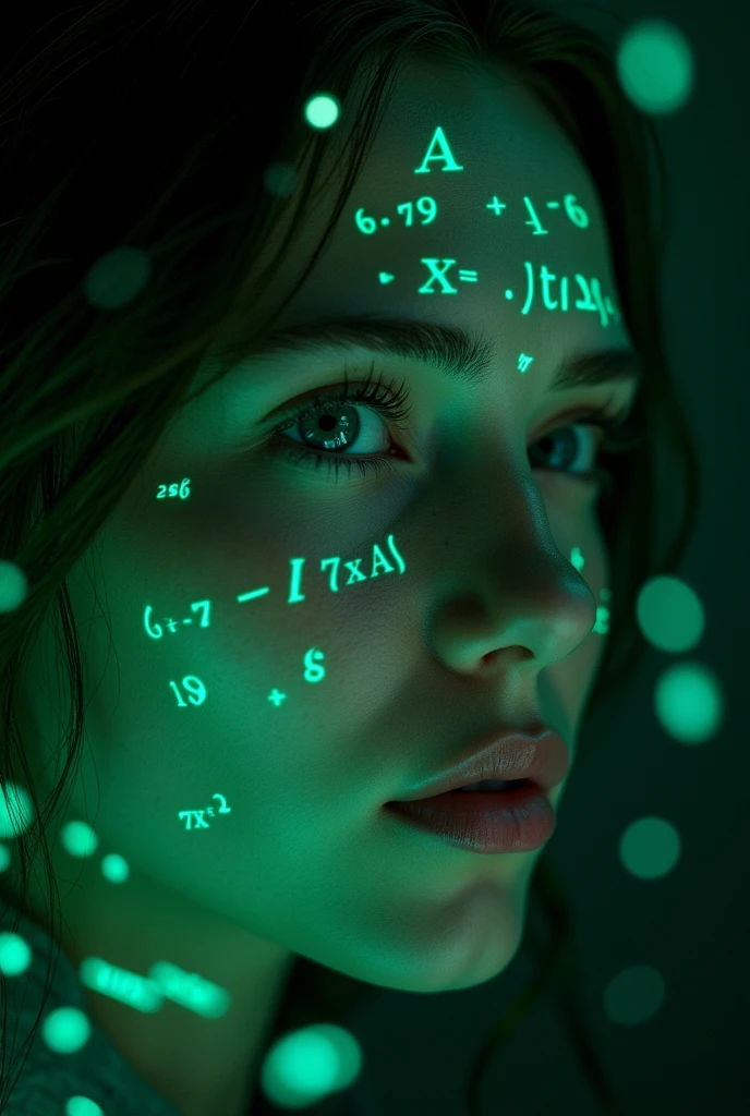 Close-up of woman's face, glowing green holographic equations projected onto skin. Intense gaze, realistic features. Dark background, cyberpunk aesthetic. Luminous mathematical formulas, handwritten style. Futuristic, high-tech atmosphere. Photorealistic rendering, dramatic lighting, sharp contrast